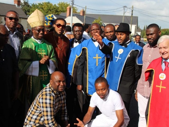 Members of the Catholic Men Organisation join the Papal Nuncio to Ireland Archbishop Jude Thaddeus Okolo for a photo.